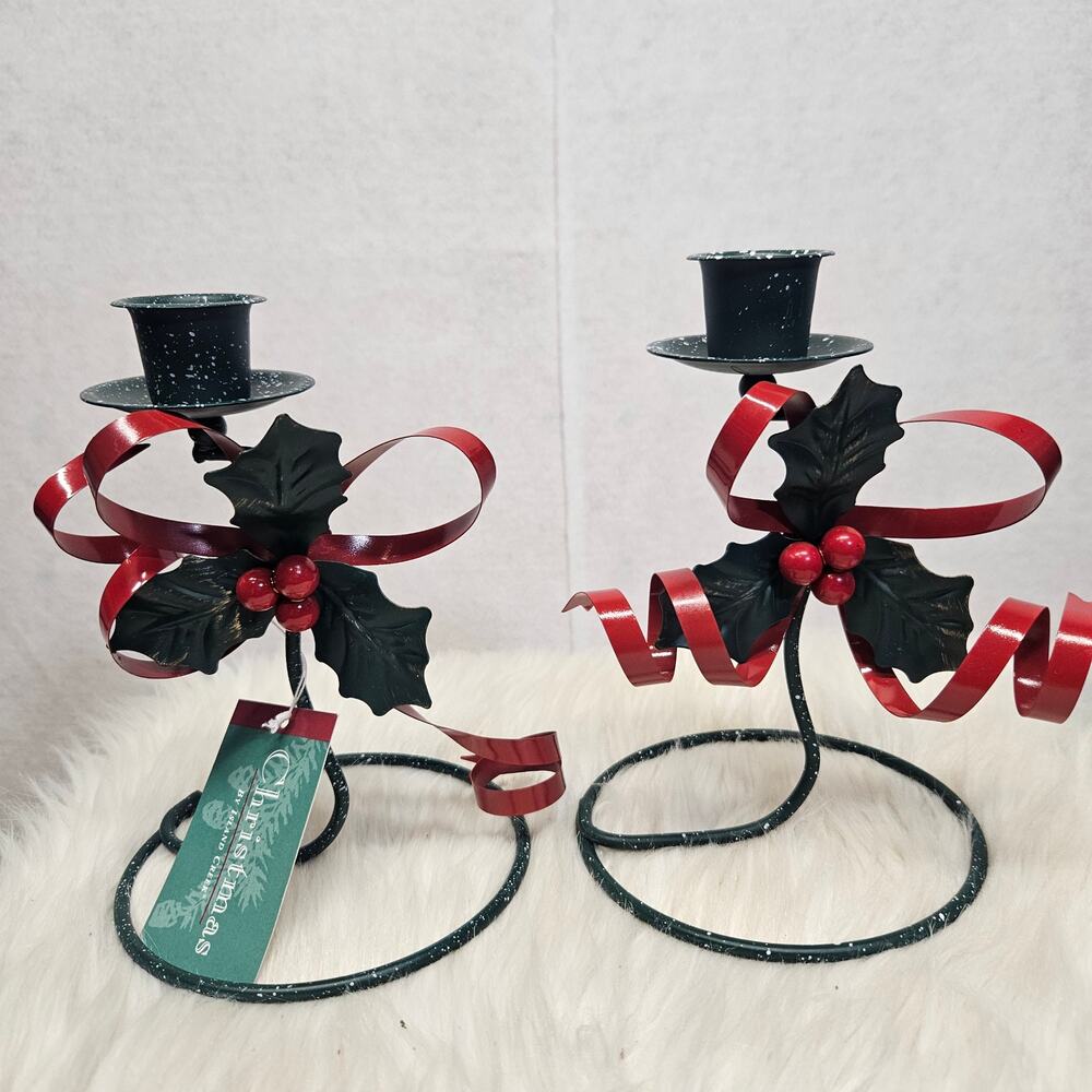 Y2K Green Candle Holder Holly Mistletoe Christmas Metal Candle Holders set of 2